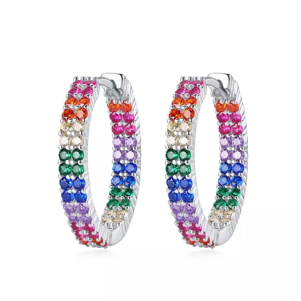 S925 Silver Double Sided Rainbow Zirconia Earrings Hoops