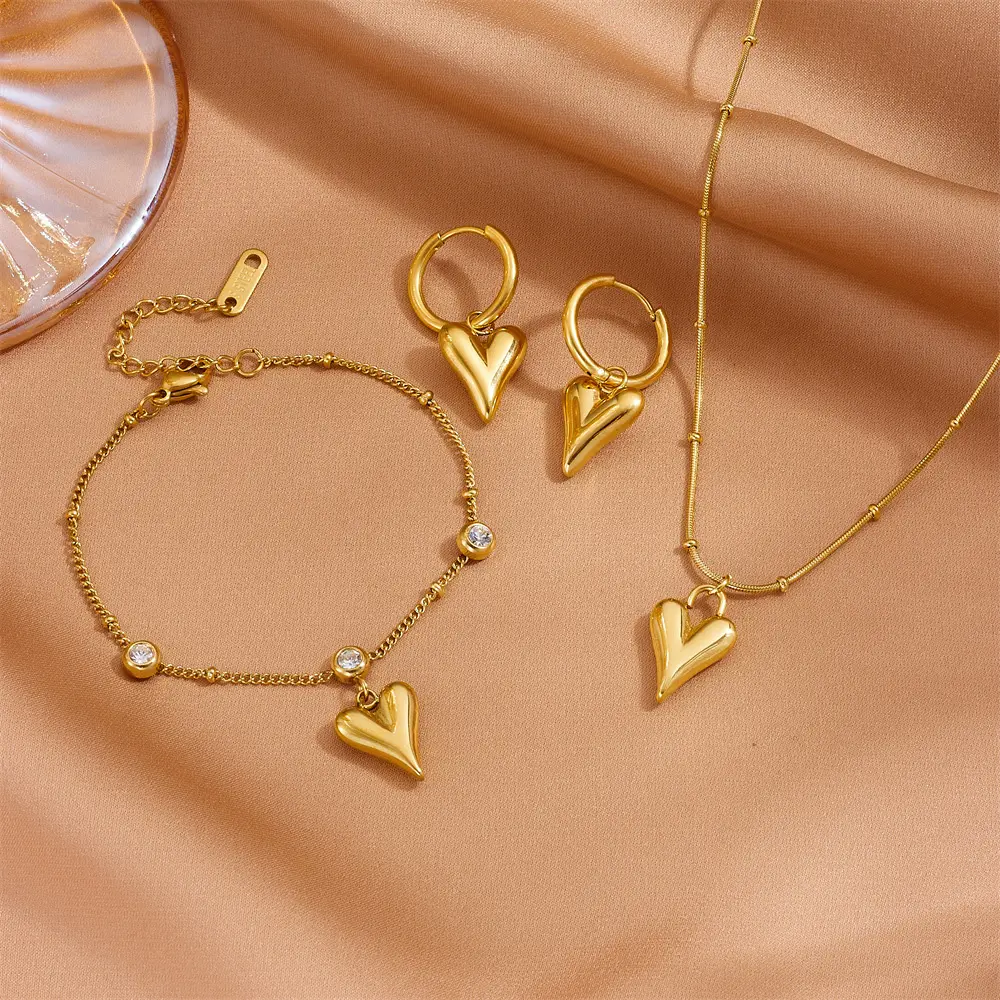 Stainless Steel Heart Clip Diamond Necklace Earring Clasp Anklet Set