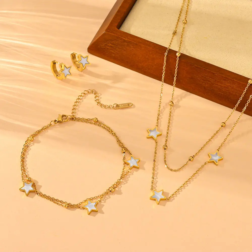 18K Gold Plated Stainless Steel Heart Double Layers Necklace, Earrings & Anklet Set