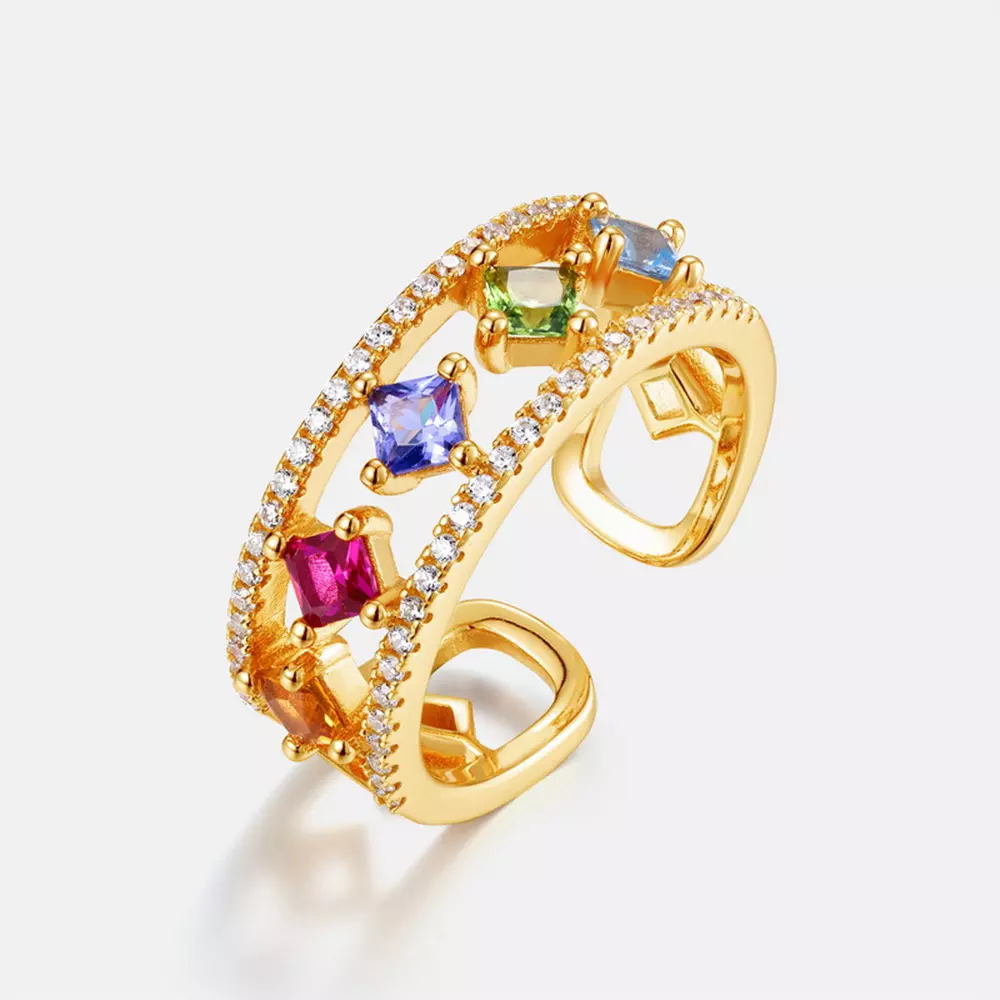 S925 silver with baguette color zirconia diamonds double opening ring