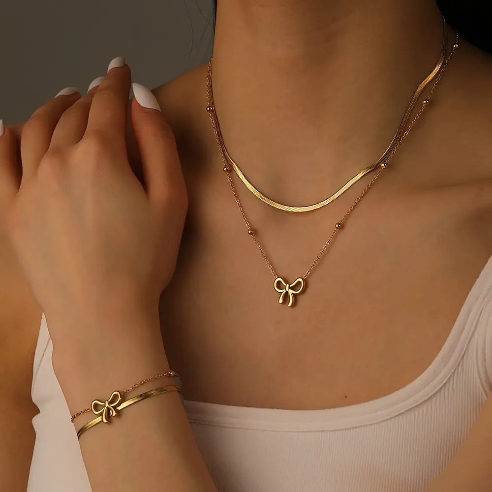 Stainless Steel Ribbon Clip Bead Plated 18K Clip Bead Blade Necklace Anklet Set