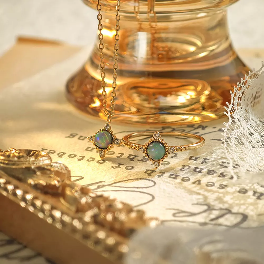 s925 sterling silver opal ring necklace set jewelry