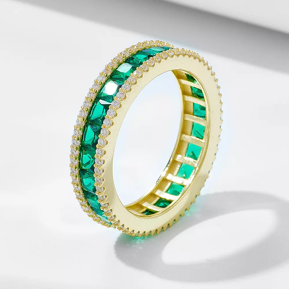 S925 silver ring set with micro green zircon and diamonds (size 9)