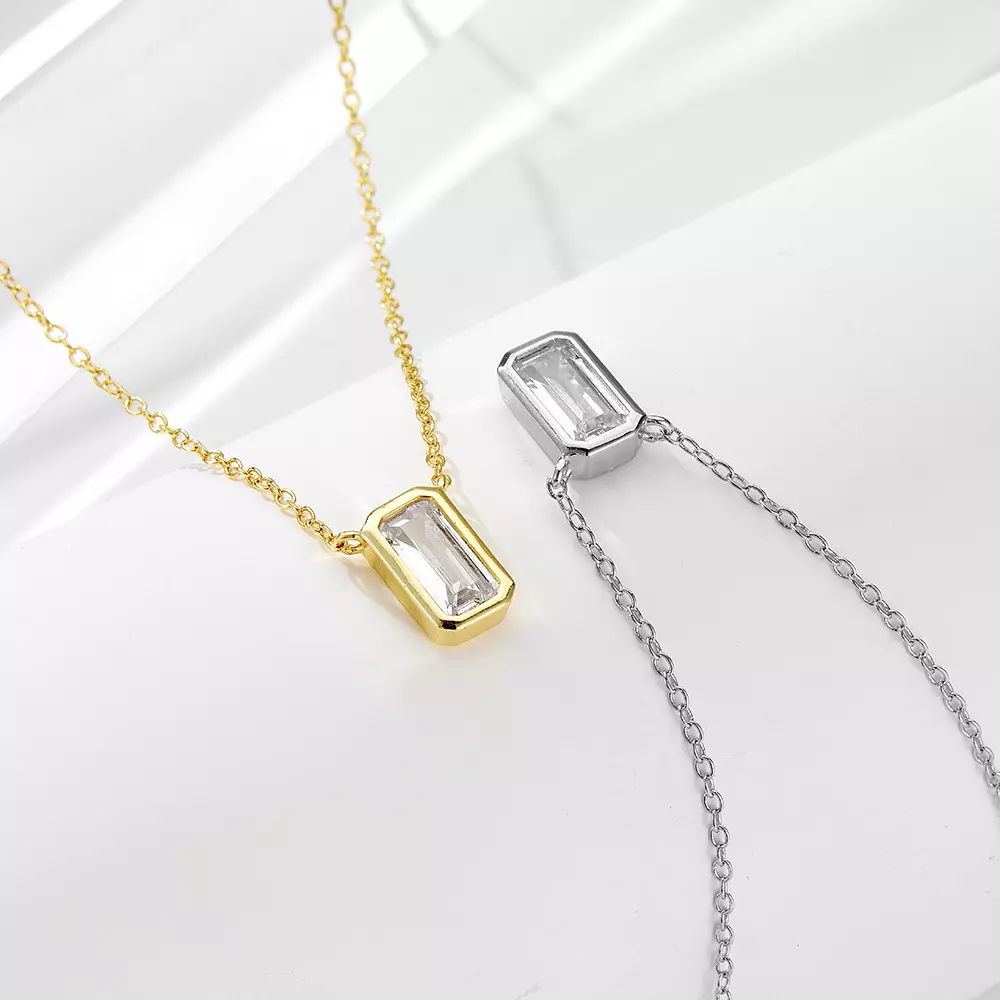 925 Sterling Silver Geometric Rectangular Zircon Pendant Necklace
