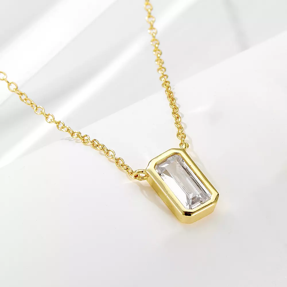 925 Sterling Silver Geometric Rectangular Zircon Pendant Necklace