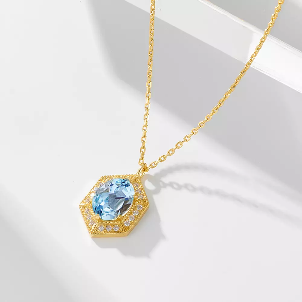 Geometric Vintage Natural Sky Blue Topaz Pure Silver Necklace